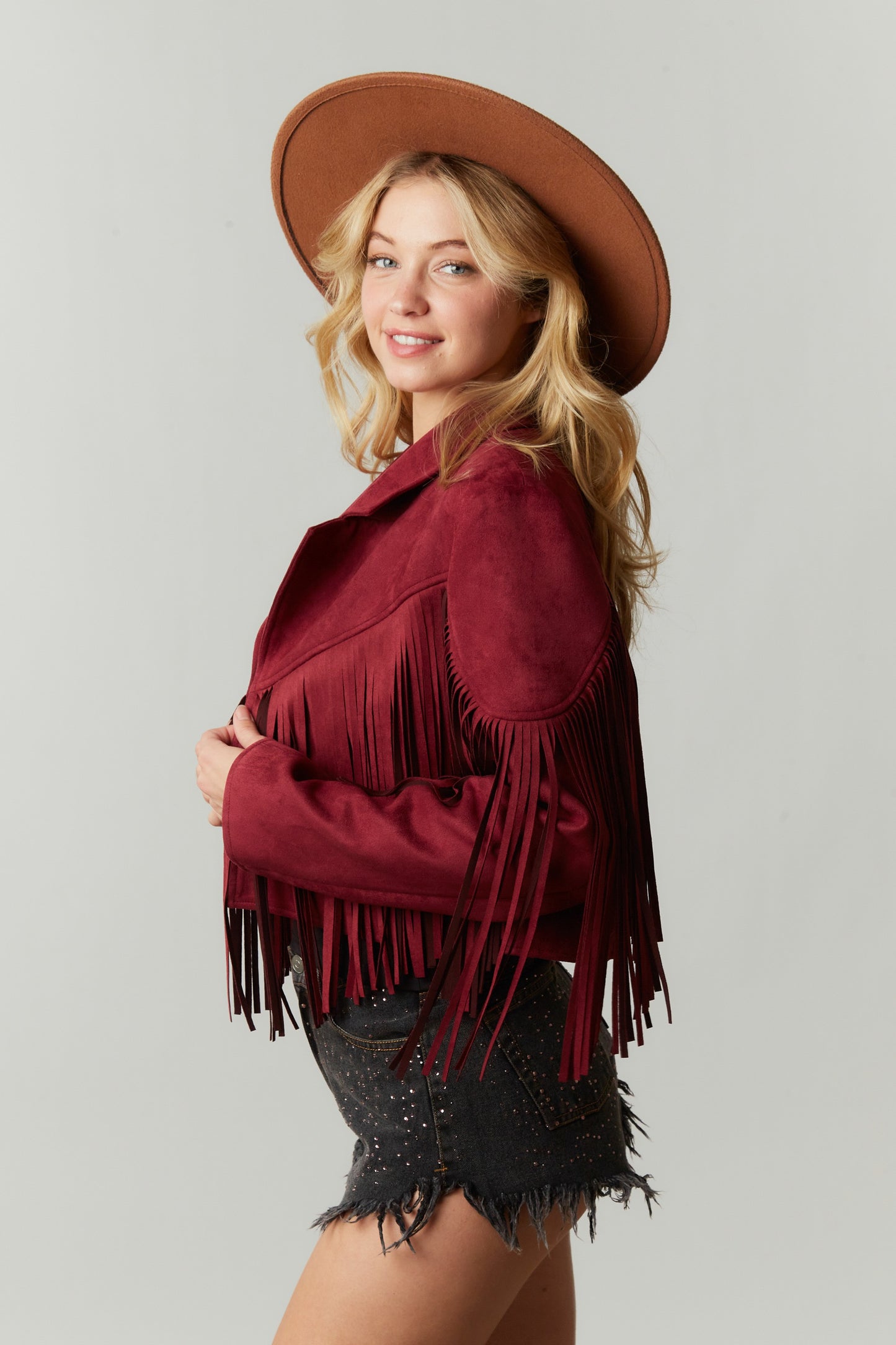 Wine Fringe Suede Jacket