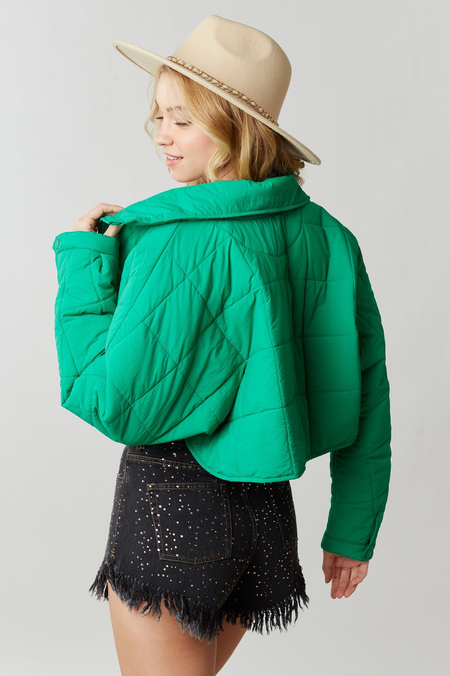 Quilted Crop Jacket - Kelly Green