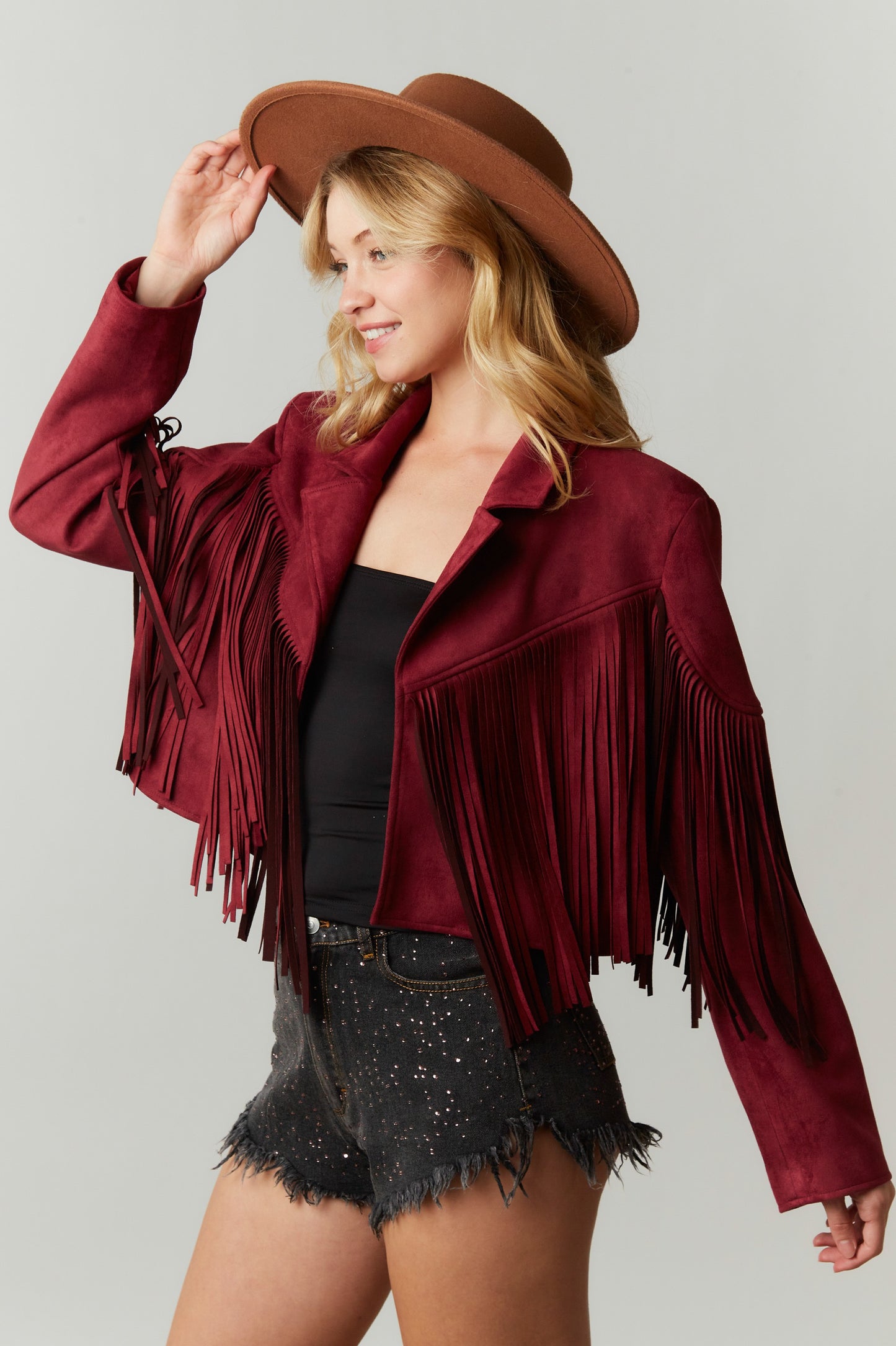 Wine Fringe Suede Jacket
