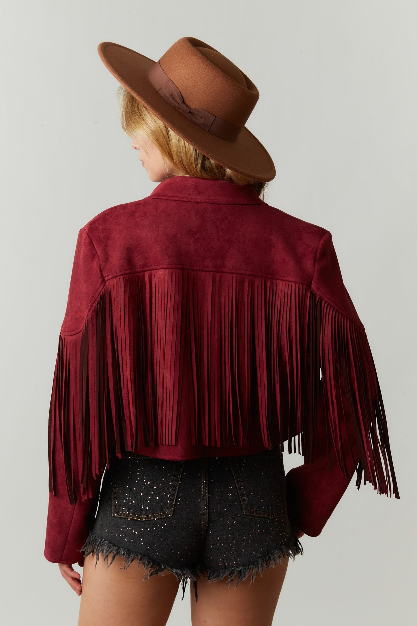 Wine Fringe Suede Jacket